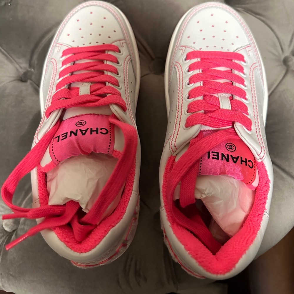 Authentic New With Tags Chanel Neon Fuchsia & White Sneakers